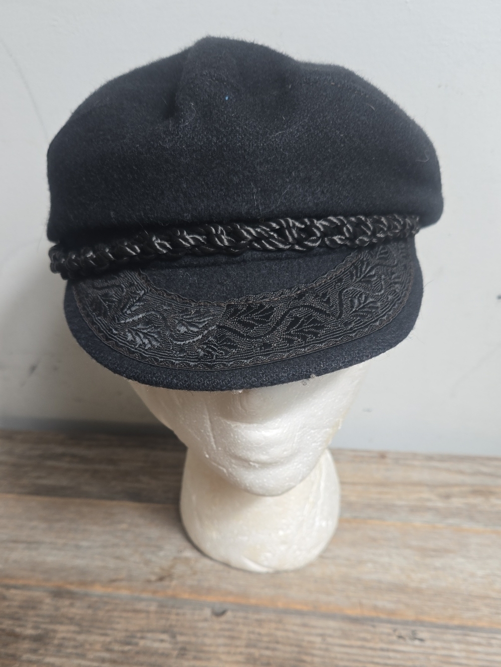 Greek Vintage Black Embroidered Wool-Blend Fisherman Cap Made In Greece